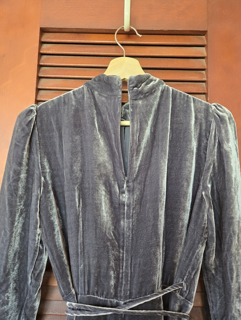 Reformation Ottessa Velvet Mini Wrap Dress, Color Slate, Size M Petite - Picture 6 of 13